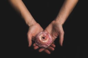 Person holds a beautiful flower in both palms showing that even in darkness gratitude for beauty brings happiness